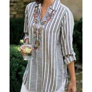 SOFT SURROUNDINGS Floral Embroidered Striped Aruba Tunic 100% Cotton Size M